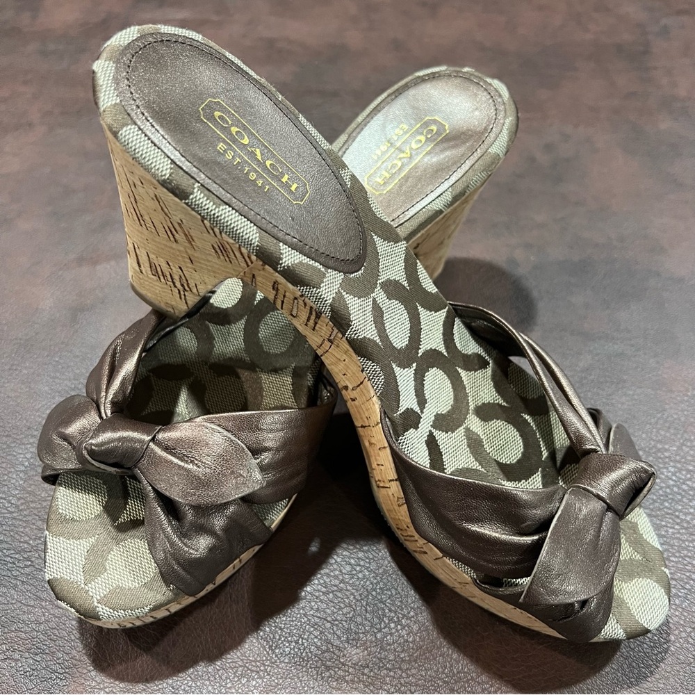 Coach Brown Patterned Wedge Sandals